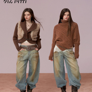 VIAPITTI设计感水洗做旧款大口袋宽松牛仔裤女装秋冬立体刺绣长裤