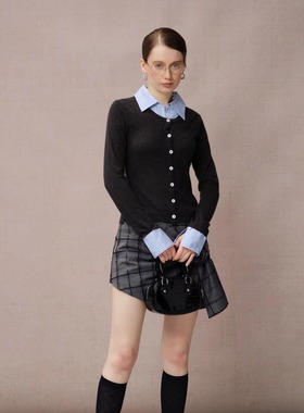 Diana Vevina 25早春 灰色拼条纹毛衫学院风格纹裙裤