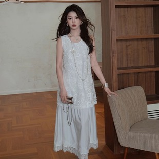 折 白色无袖 OLIVIA 法式 连衣裙 DUO绣花蕾丝拼接裙长裙时尚
