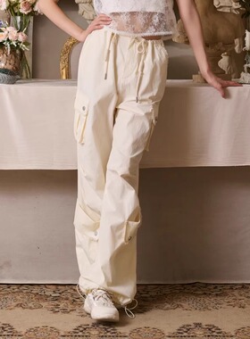 Three Quarters25AW 米色多口袋拼蕾丝立体工装裤