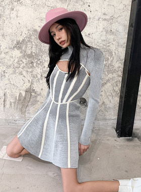 【折】Dion Lee 新款机能解构针织纽结长袖修身条纹连衣裙木兰