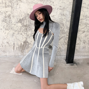 【折】Dion Lee 新款机能解构针织纽结长袖修身条纹连衣裙木兰