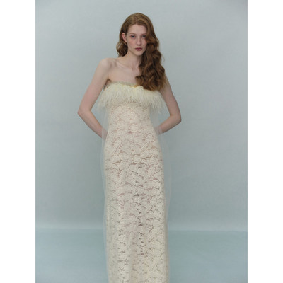 Tension Archive 清透网纱针织紧身羽毛钉珠抹胸裙