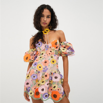 国现For Love and Lemons 2024 向日葵夏日花朵抹胸泡泡袖连衣裙