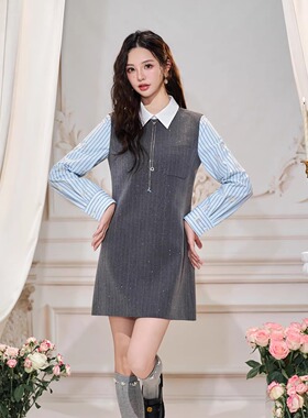 Three Quarters 25AW 灰色精纺羊毛拼接衬衫假两件连衣裙