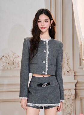 Three Quarters 25AW灰色羊毛蕾丝小香风外套一字裙裤