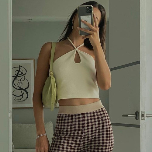 挂脖吊带修身高腰微喇牛仔裤买手