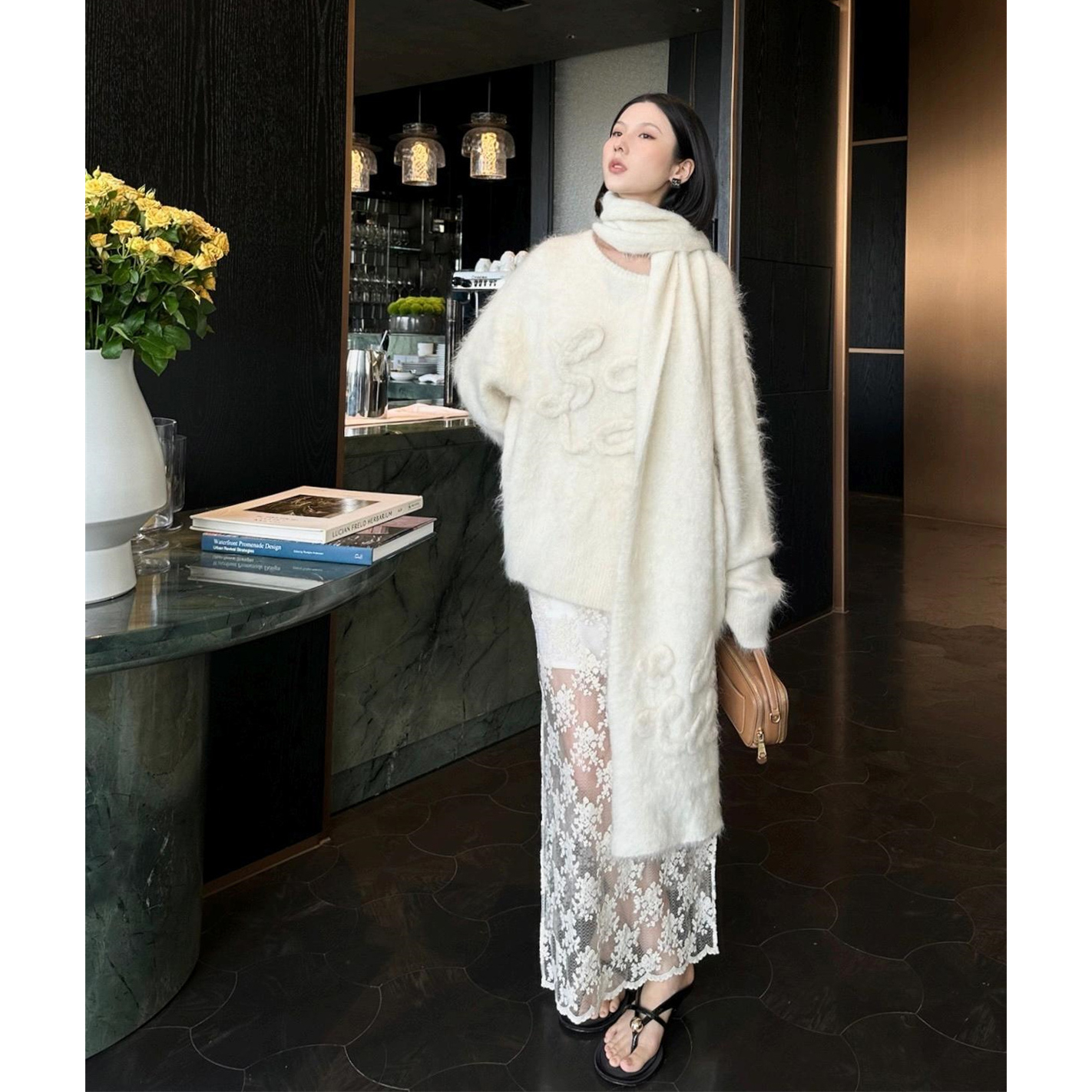 【折】ODTD 2024秋冬新款手工羊驼毛logo盘花宽松 粉色套头毛衣