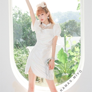 MIYO NAMAS 精致水钻中国风拼接镂空羽纱唯美显瘦旗袍裙 折