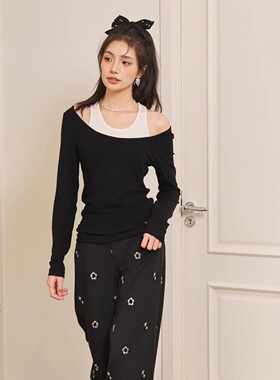 Three Quarters24黑色叠穿假两件天丝羊毛堆堆上衣绣花直筒西裤