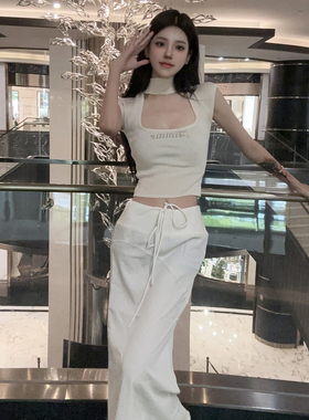 【清货折SM】Aimme sparrow夏字母logo白色挂脖上衣拼接抽绳半裙