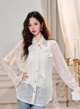 Three Quarters 25AW 白色羊毛蕾丝系带宽松衬衫