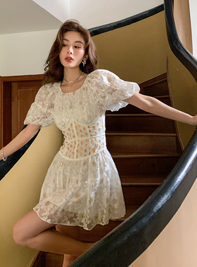 现货木兰For Love and Lemons雏菊蕾丝泡泡袖迷你裙连衣裙