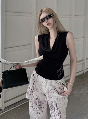 SOFITTE 25ss黑色不对称荡领烫钻无袖背心豹纹宽松休闲工装直筒裤