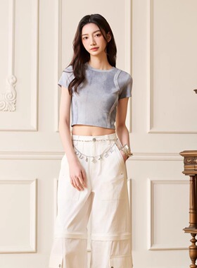 Three Quarters25S蓝色肌理印花金属烫片T恤可拆卸两穿阔腿工装裤