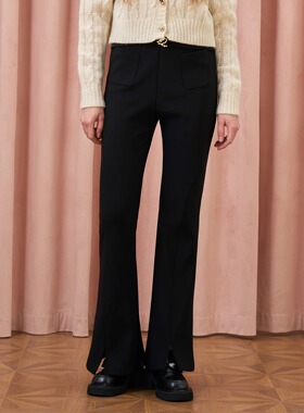 Three Quarters 25AW 黑色加绒蝴蝶结腰头修身显瘦喇叭裤