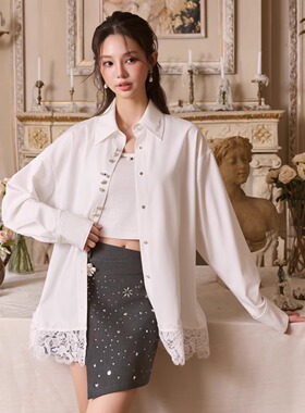 Three Quarters 25AW 白色异形扣拼蕾丝下摆宽松衬衫天丝烫钻短裙
