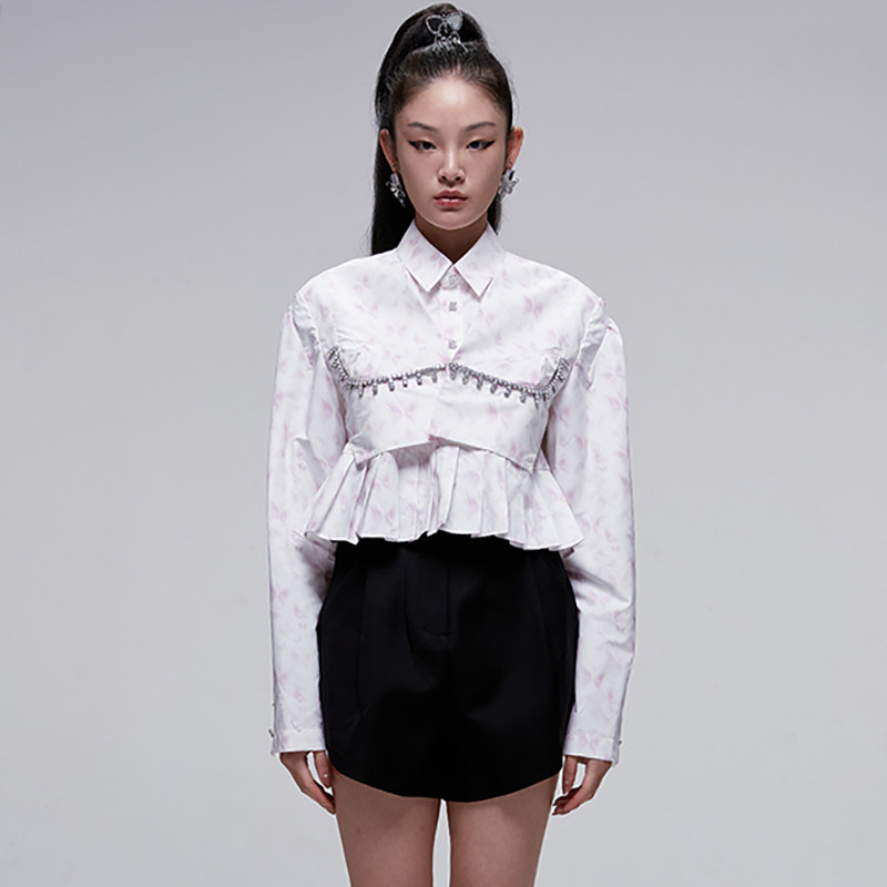 【折68】HighLIGHT 链条钻边蝴蝶印花两件套白色衬衫上衣