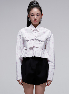 【折68】HighLIGHT 链条钻边蝴蝶印花两件套白色衬衫上衣
