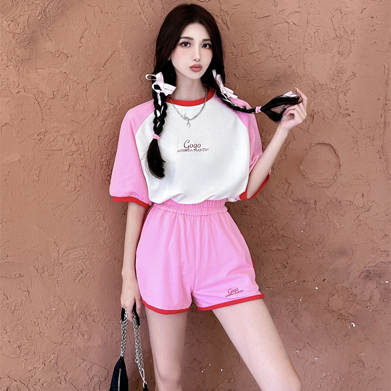 andrea martin23春夏新款   甜美少女休闲粉白拼接运动套装 木兰