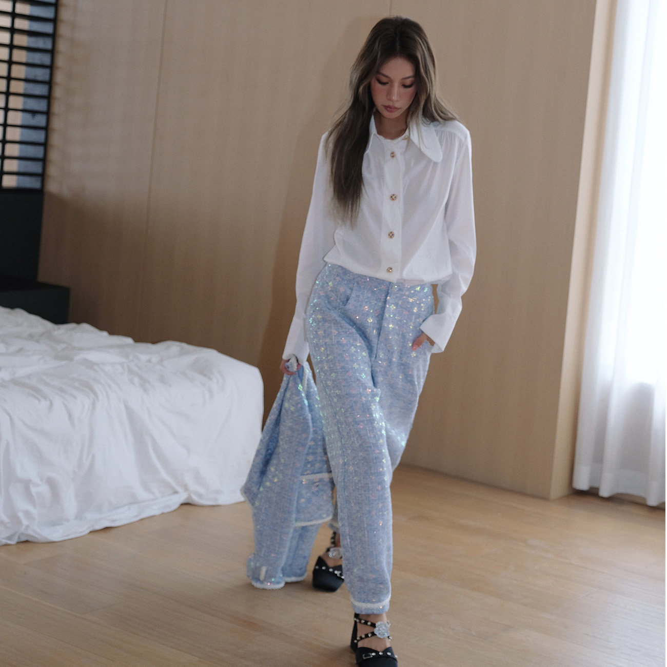 现货Sister Jane 2S  Windmill Tweed5月夹克外套蓝裤子白衬衫 - 实物图