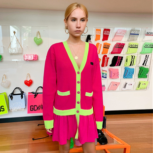 【折】GCDS春夏v领针织连体百褶裙连衣裙百搭时尚撞色开衫外套女