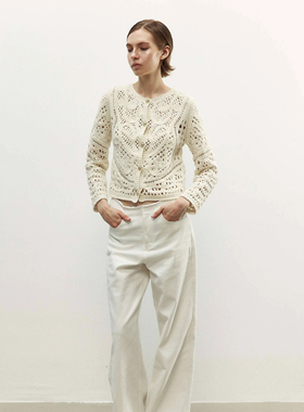 NONETONE Tone Crochet系列白色羊绒带子纱罗马盘绣针织短款外套