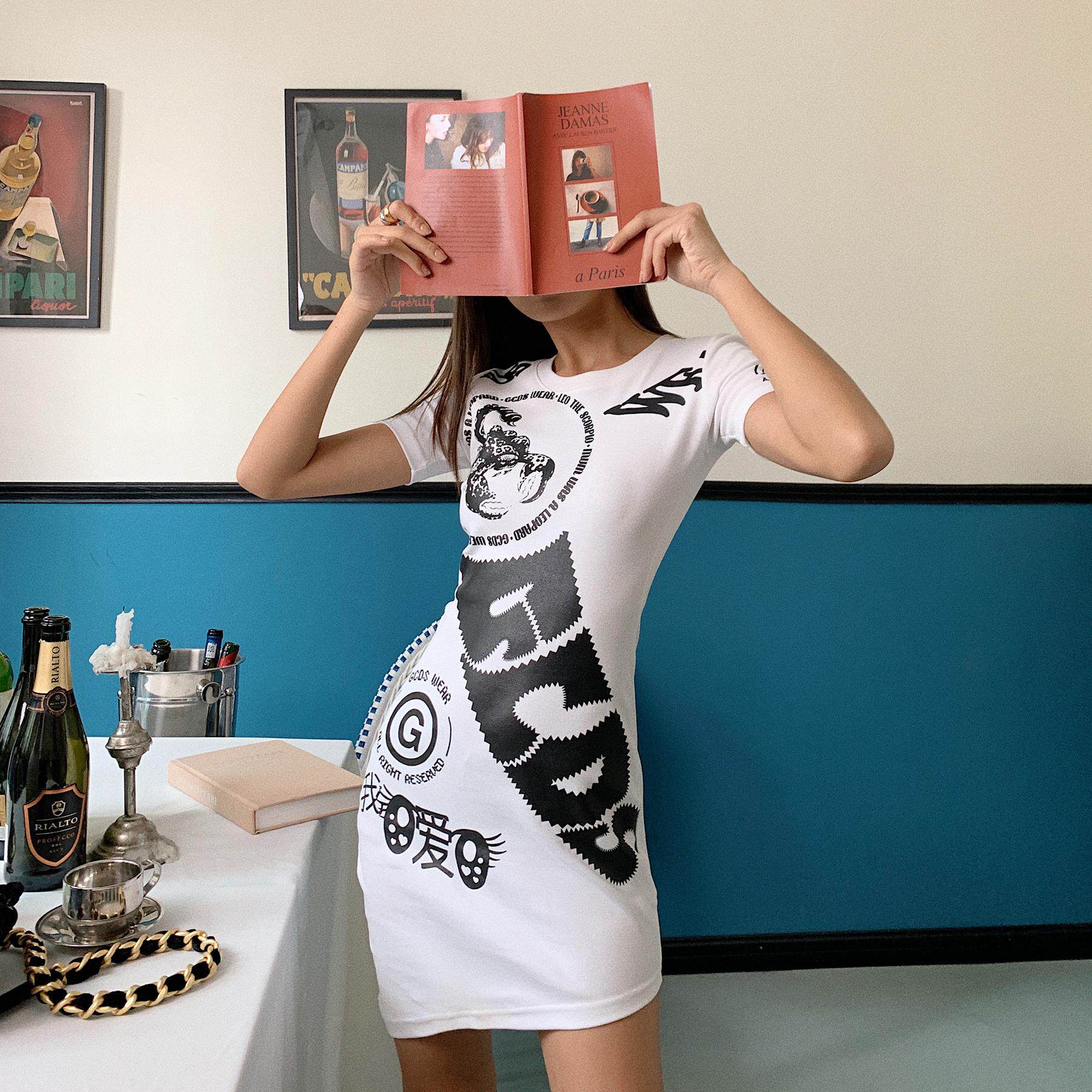 【5折XS S】 GCDS 荧光绿 涂鸦女士连衣裙 辣妹风 漫画