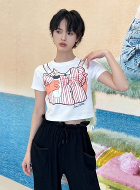 Andrea Martin 2025SS 粉红撞色小熊连衣裙贴纸印花短T恤