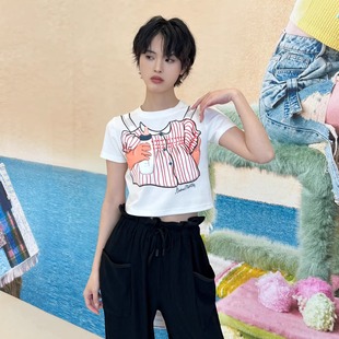 粉红撞色小熊连衣裙贴纸印花短T恤 2025SS Andrea Martin