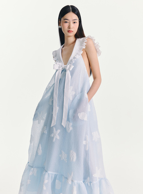 【折】ESTER HSU 25SS 蝴蝶结提花海军领露背连衣裙