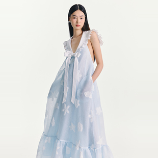 25SS HSU ESTER 蝴蝶结提花海军领露背连衣裙 折