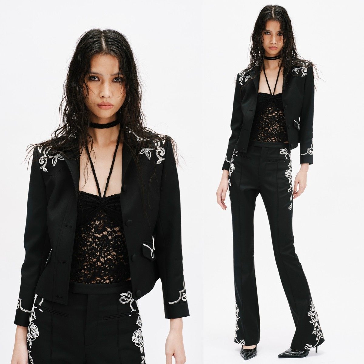 MARKGONG 26SS  走针绣装饰黑色修身西装 修身微喇裤 抹胸,女装/女士精品,时尚套装,淘宝优惠券,粉丝福利购,淘宝优惠卷