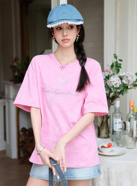 Three Quarters 24夏季新粉色满天星玫瑰烫钻印花洗水T恤木兰合集
