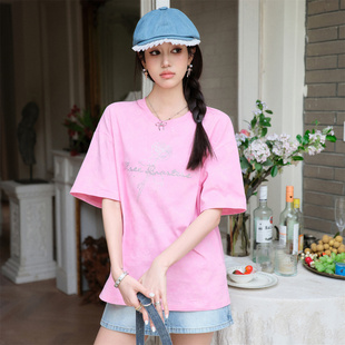 新粉色满天星玫瑰烫钻印花洗水T恤木兰合集 24夏季 Three Quarters