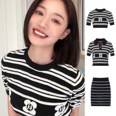 【折】Laurence Chico黑白条纹短袖POLO衫圆领上衣包臀半裙