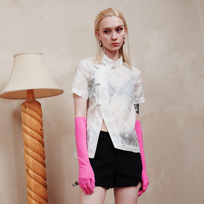 【SM】设计师HIGHLIGHT白透纱新中式短袖衬衫黑蕾丝边短裤