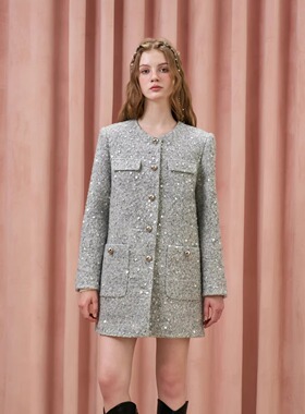 Three Quarters25AW 银河灰小香风珠片刺绣中长呢大衣