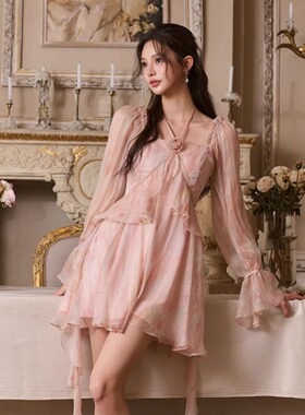 Three Quarters25AW 粉色桑蚕丝印花荷叶飘带仙气连衣裙