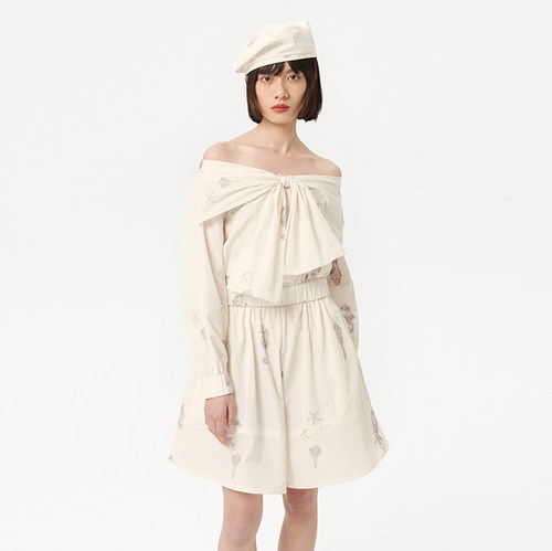 【S】deepmoss  春夏海洋印花一字领花结长袖上衣裙裤套装