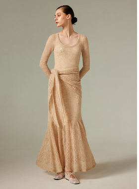 NONETONE 25AW秋冬新品 珠片装饰圆领长袖羊驼毛针织连衣裙鱼尾裙