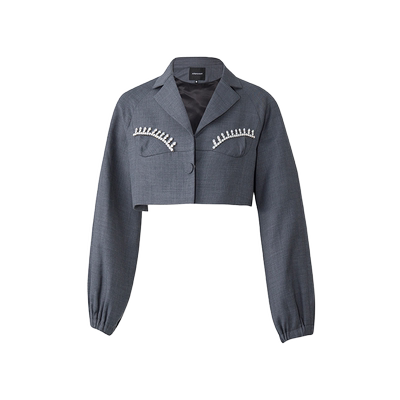 【折】设计师HIGHLIGHT胸前钻链灰色短西装蝴蝶结半裙2R新款