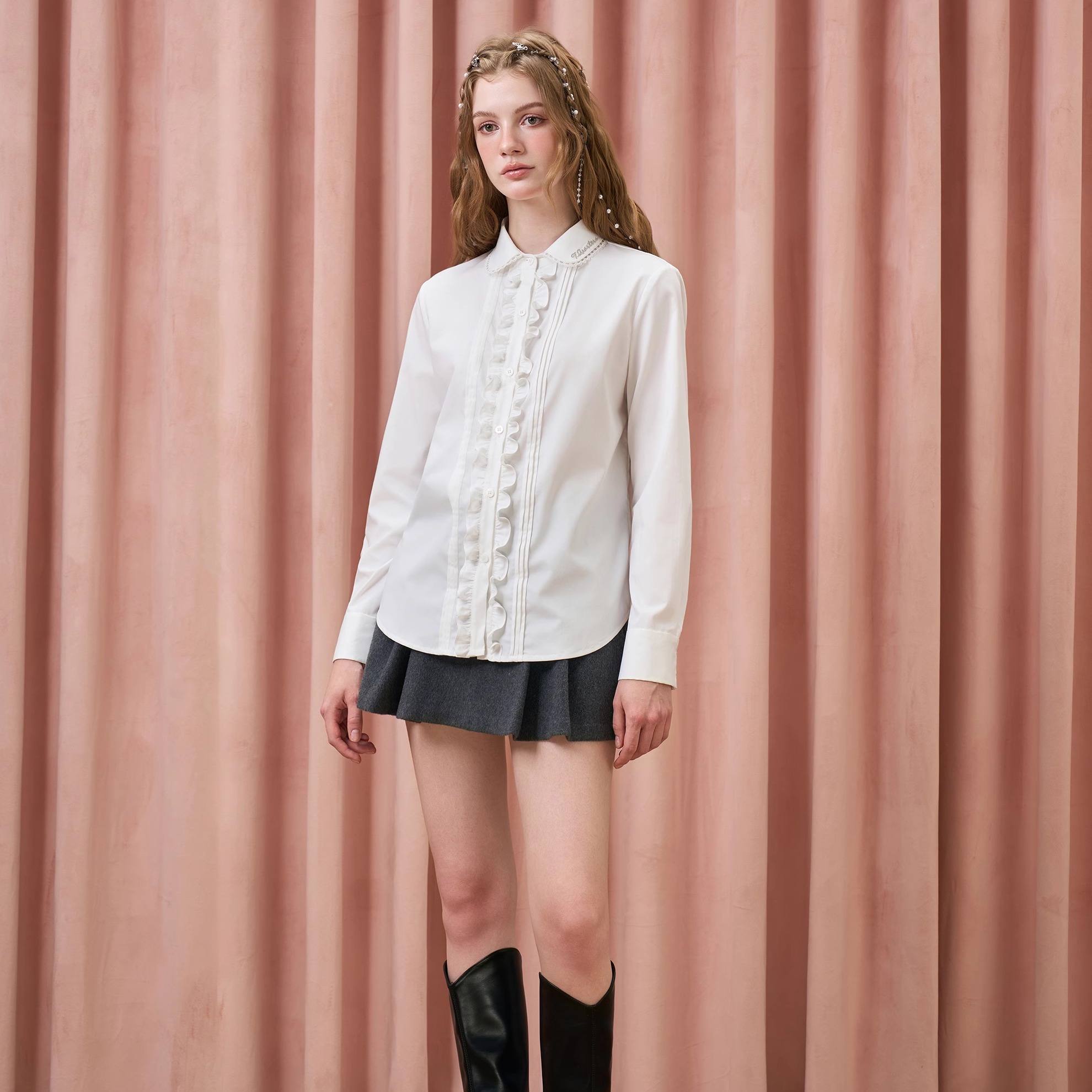 Three Quarters 25AW 白色木耳边娃娃领气质百搭长衬衫