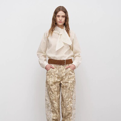 【折】ODTD25秋季新款花朵飘带金丝系带长袖百搭衬衫上衣