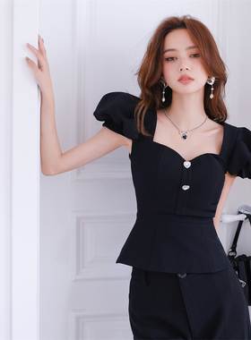 【折】Masion Wester新款轻奢气质黑色泡泡袖短袖收腰短上衣