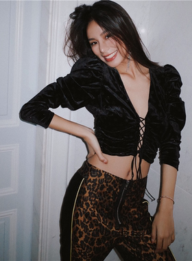 For Love and Lemons Blackpink同款豹纹泡泡袖紧身上衣裤子裙子
