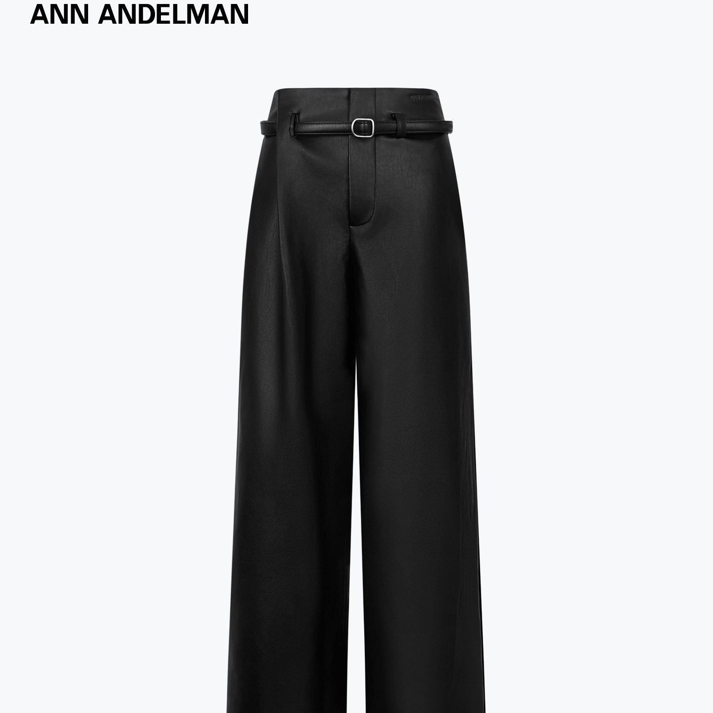 【折】ANN ANDELMAN单边褶皱设计配腰带直筒休闲pu皮裤阔腿长裤