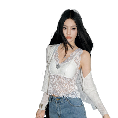 【折】OLIVIA DUO 闪钻蕾丝上衣两件套碎钻牛仔半身裙女