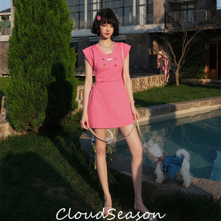 折 CLOUDSEASON官方旗舰店甜美收腰彩色手缝钻连衣裙