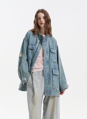 Three Quarters 25SS蓝色工装口袋做旧洗水工艺时尚宽松牛仔外套